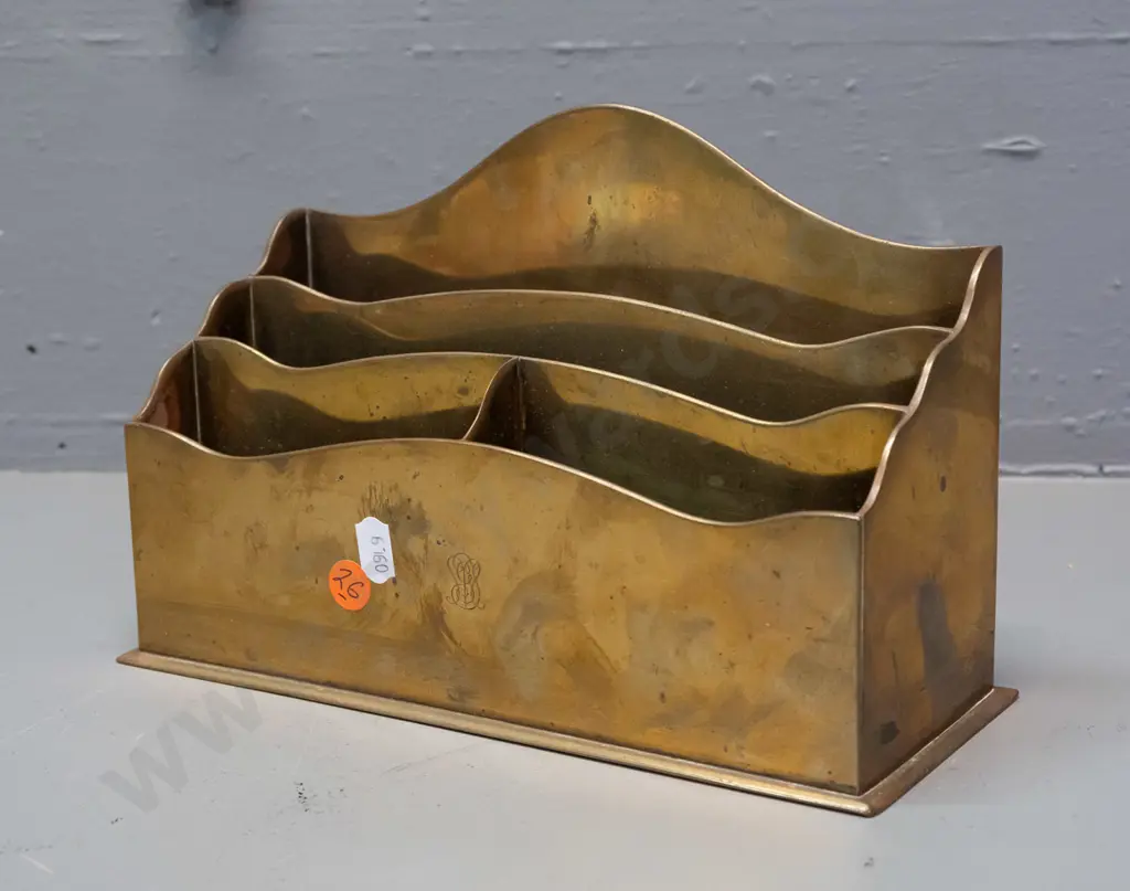 heavy brass desktop stationery organizer w/ engraved monogram on front, one corner very slightly bent. H-150 W-235 D-95 Image 1++
