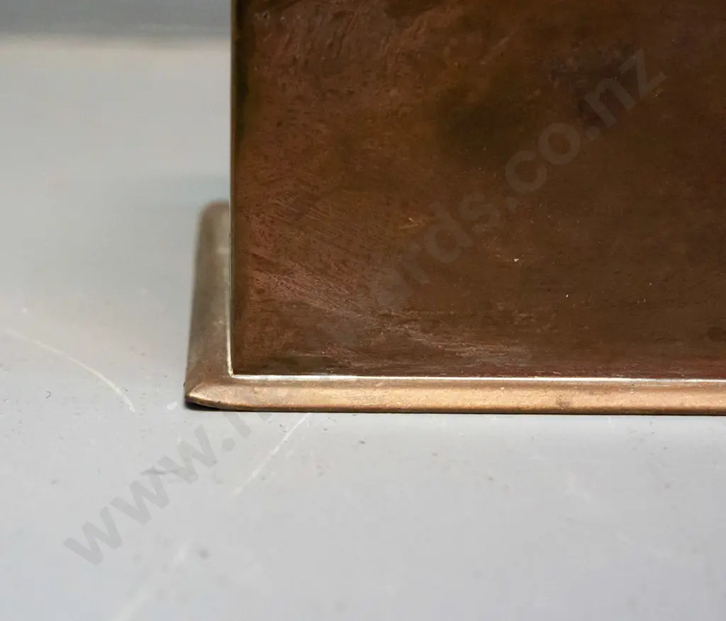 heavy brass desktop stationery organizer w/ engraved monogram on front, one corner very slightly bent. H-150 W-235 D-95 Image 1++
