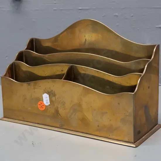 heavy brass desktop stationery organizer w/ engraved monogram on front, one corner very slightly bent. H-150 W-235 D-95