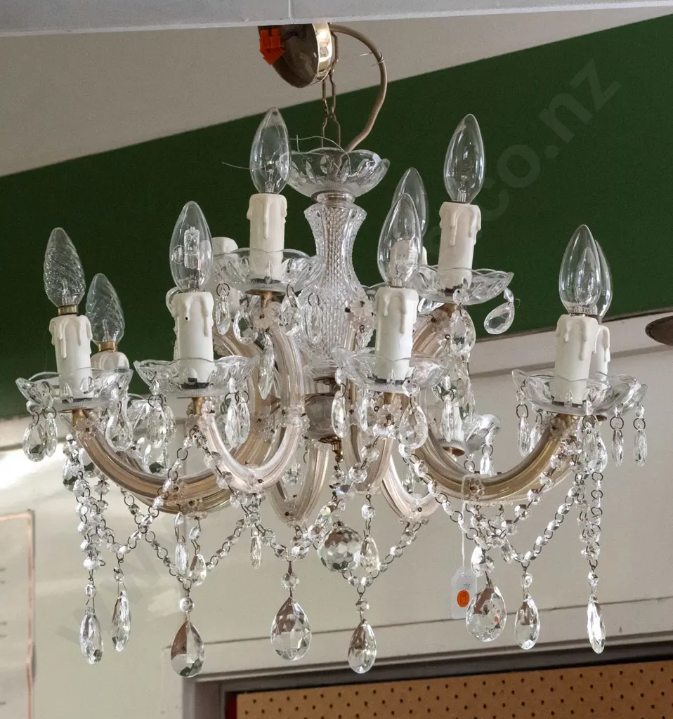 12-light glass and brass finish metal chandelier with 8 lower and 4 upper fittings H-320 D-550 Image 1++