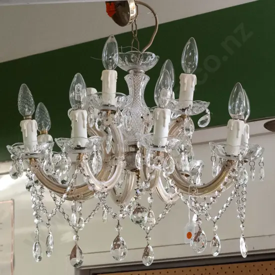 12-light glass and brass finish metal chandelier with 8 lower and 4 upper fittings H-320 D-550