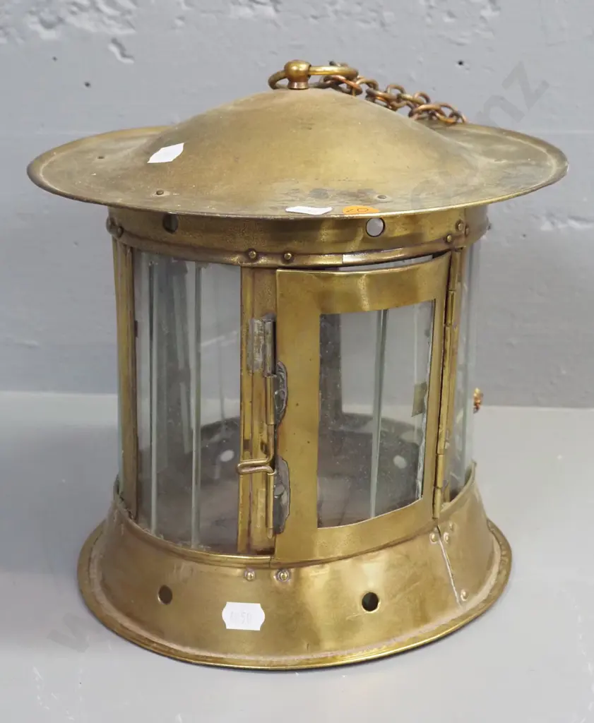 brass and brass plated metal hanging candle lantern with slatted glass panels, one loose one inside, has some dents and Image 1++