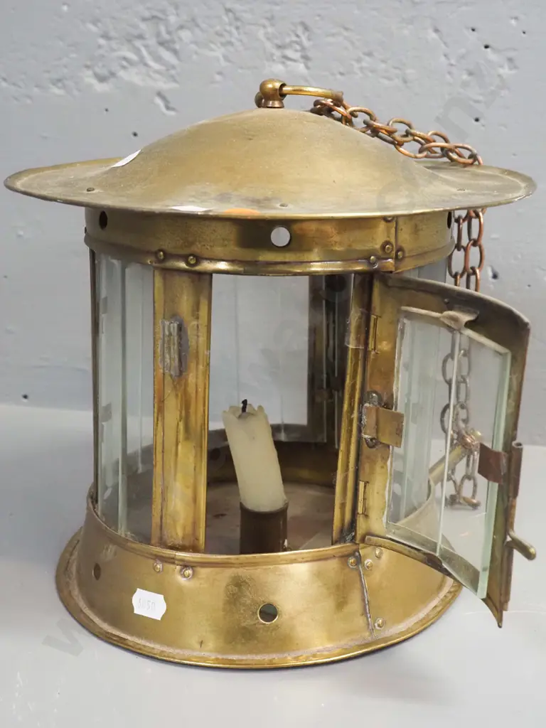 brass and brass plated metal hanging candle lantern with slatted glass panels, one loose one inside, has some dents and Image 1++