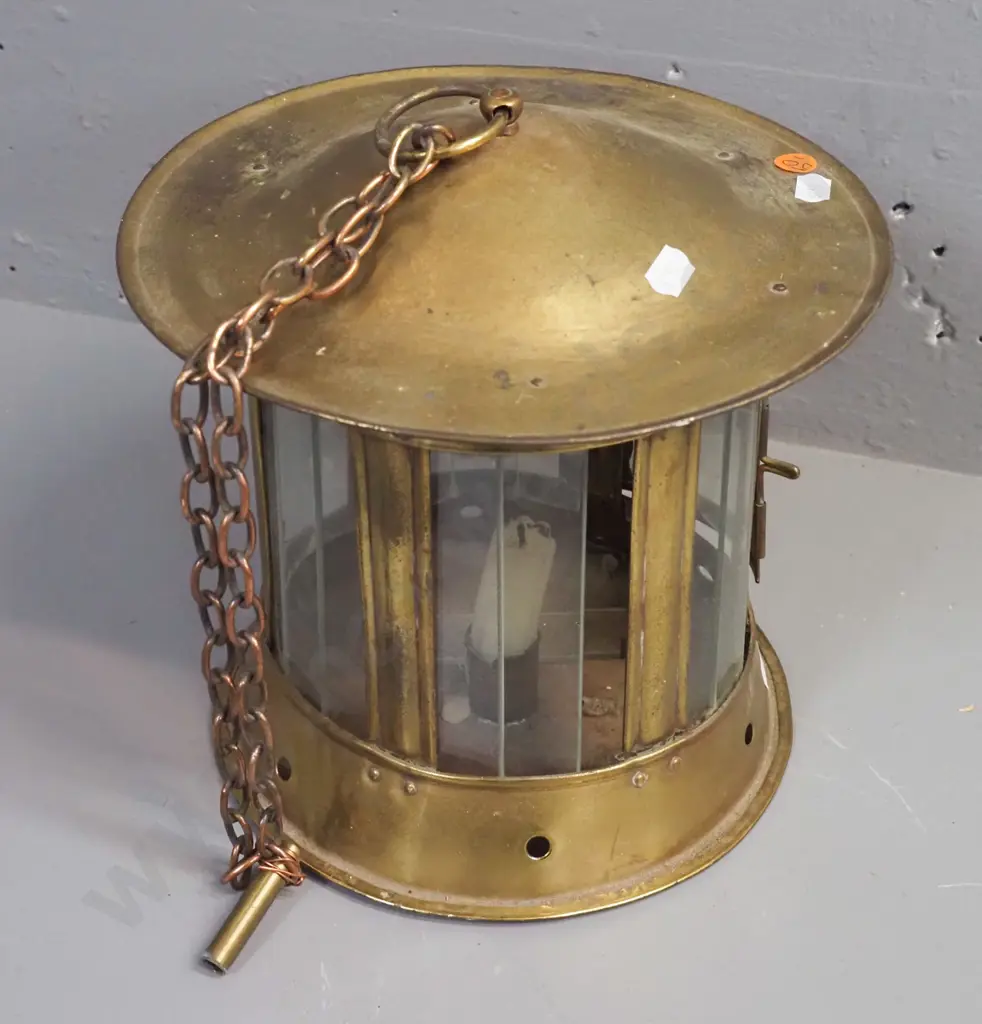 brass and brass plated metal hanging candle lantern with slatted glass panels, one loose one inside, has some dents and Image 1++