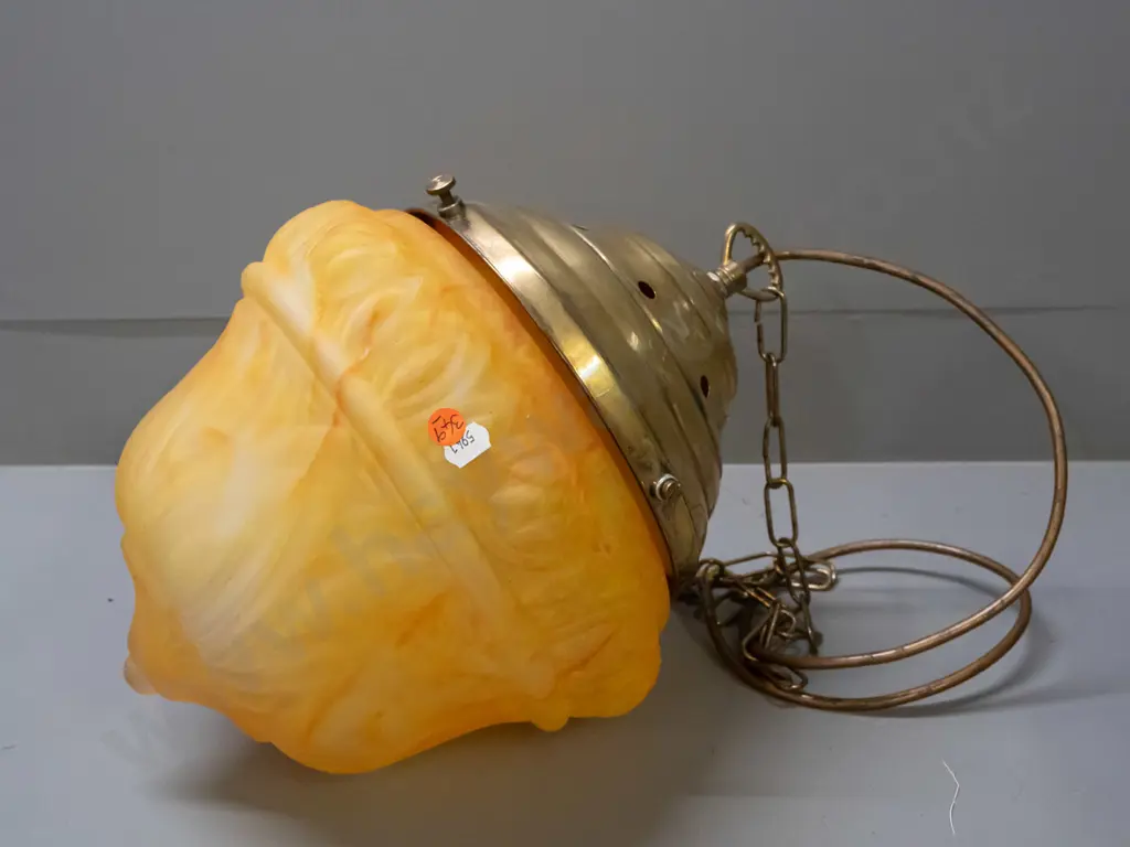 amber & yellow mottled glass pendant hanging light with embossed motifs, brass journal and chain. H-360 D-300 Image 1++