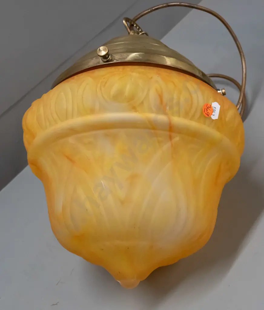 amber & yellow mottled glass pendant hanging light with embossed motifs, brass journal and chain. H-360 D-300 Image 1++