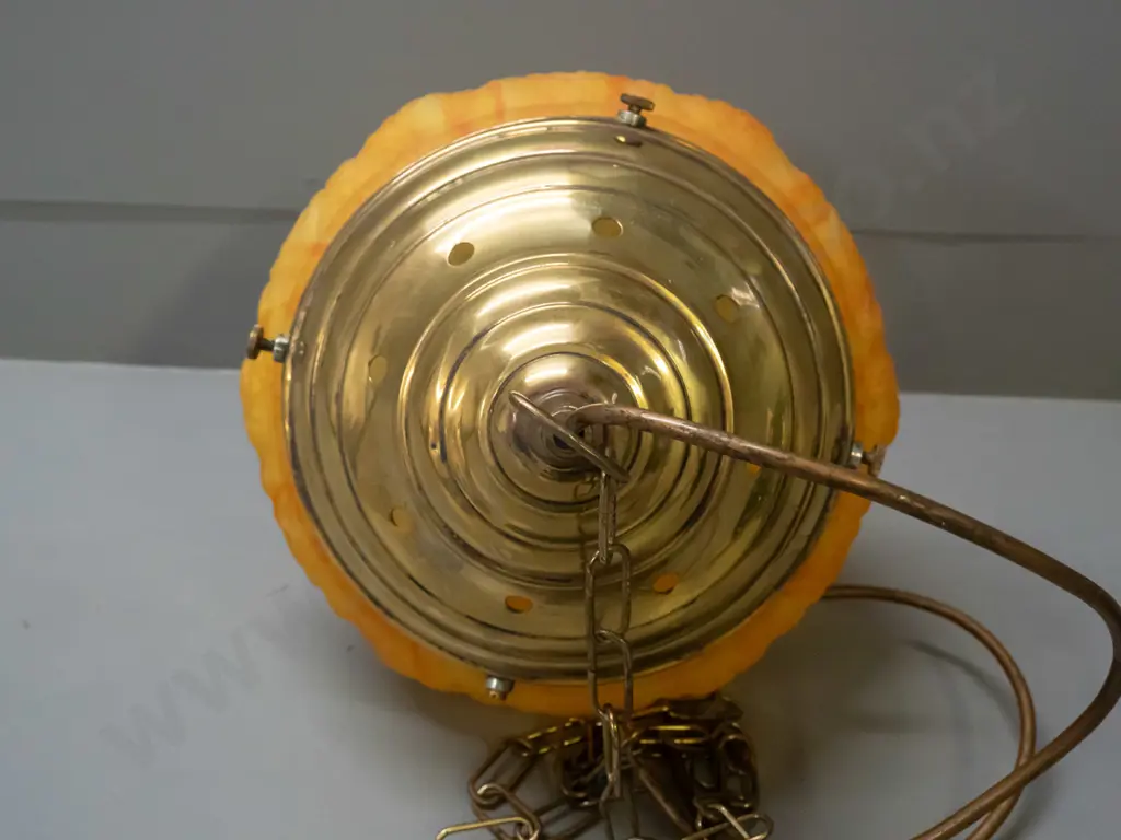 amber & yellow mottled glass pendant hanging light with embossed motifs, brass journal and chain. H-360 D-300 Image 1++