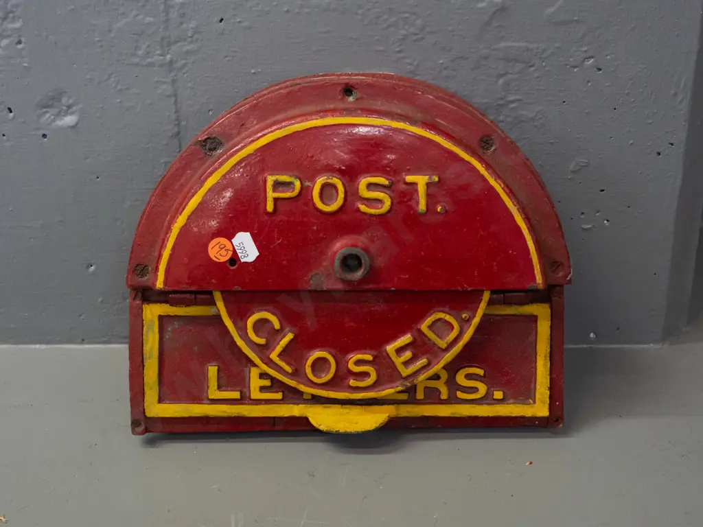 cast metal letter slot and surround with rotating cover marked "Closed" - may be missing handle or lock from front, Image 1++