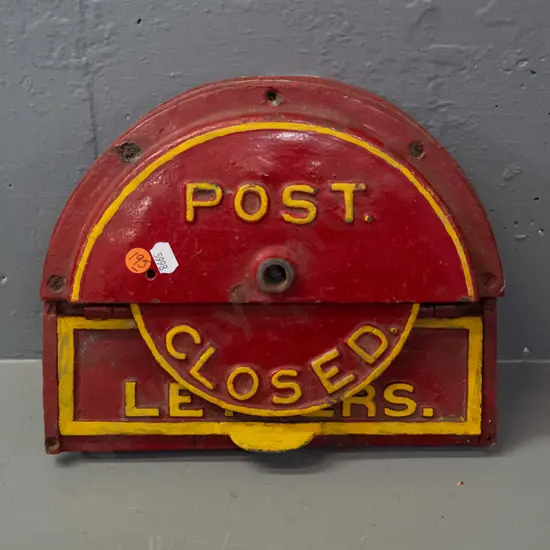 cast metal letter slot and surround with rotating cover marked "Closed" - may be missing handle or lock from front,