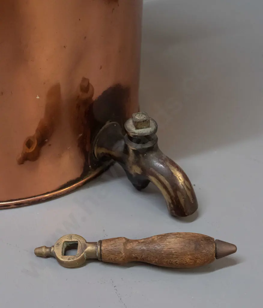 vintage copper urn with timber handles, brass fittings, cast brass spigot and loose tap handle, lid is copper Image 1++