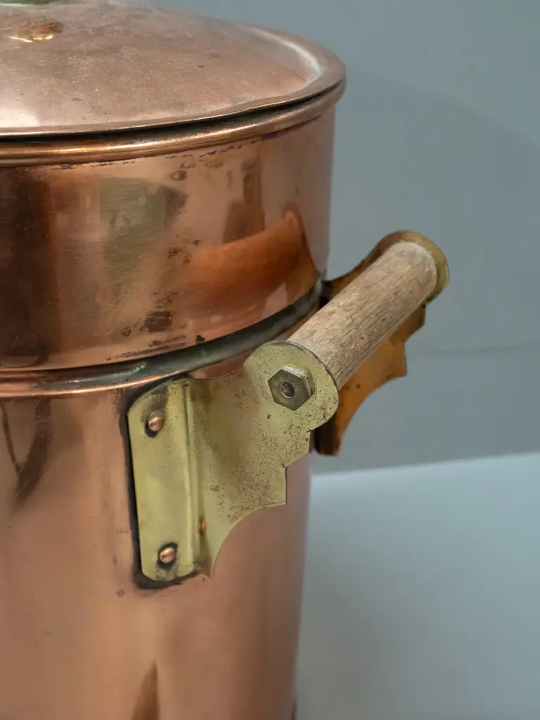 vintage copper urn with timber handles, brass fittings, cast brass spigot and loose tap handle, lid is copper Image 1++