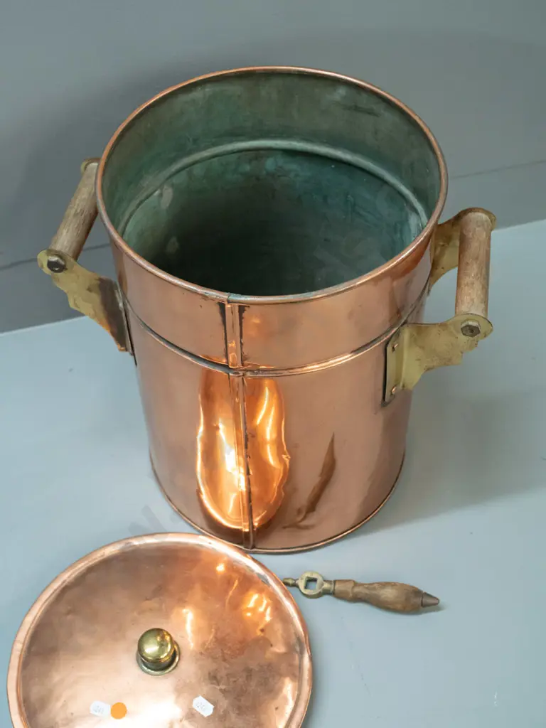 vintage copper urn with timber handles, brass fittings, cast brass spigot and loose tap handle, lid is copper Image 1++
