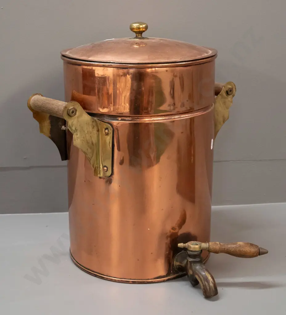 vintage copper urn with timber handles, brass fittings, cast brass spigot and loose tap handle, lid is copper Image 1++