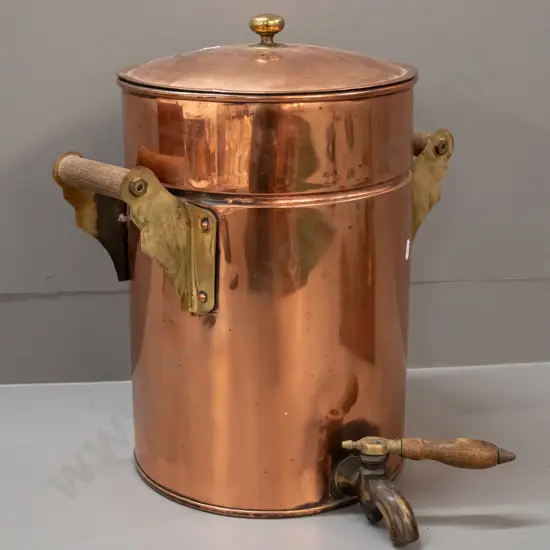 vintage copper urn with timber handles, brass fittings, cast brass spigot and loose tap handle, lid is copper