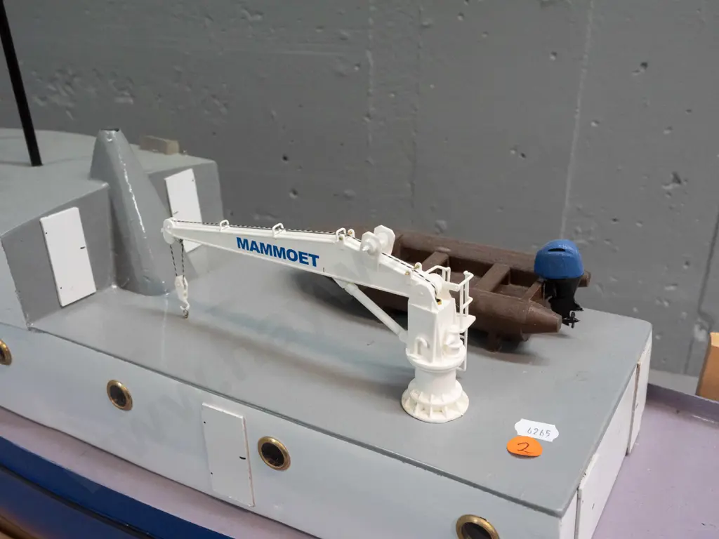 large motorised model boat - marked Lady Beverley, with crane arm and inflatable boat. Motor untested. Image 1++
