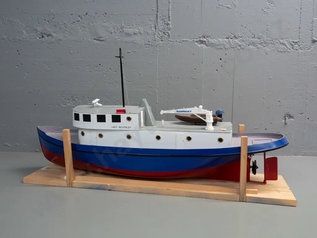 large motorised model boat - marked Lady Beverley, with crane arm and inflatable boat. Motor untested. Image 1++