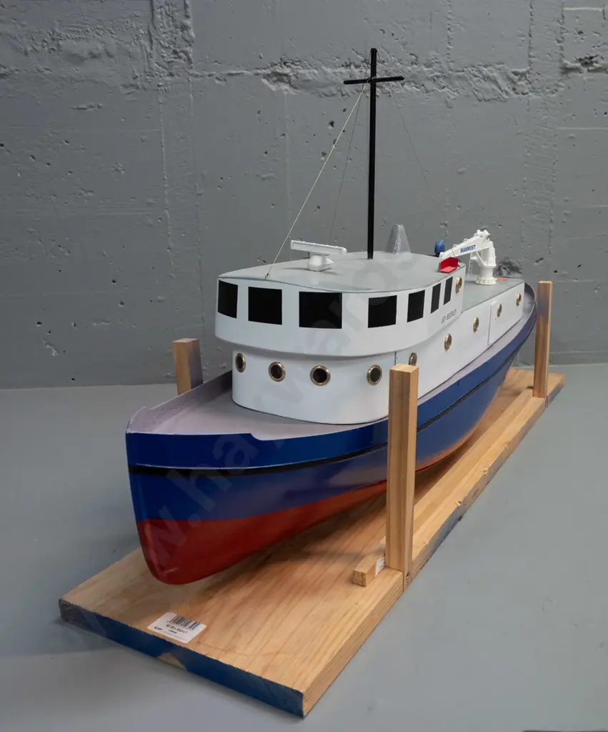 large motorised model boat - marked Lady Beverley, with crane arm and inflatable boat. Motor untested. Image 1++