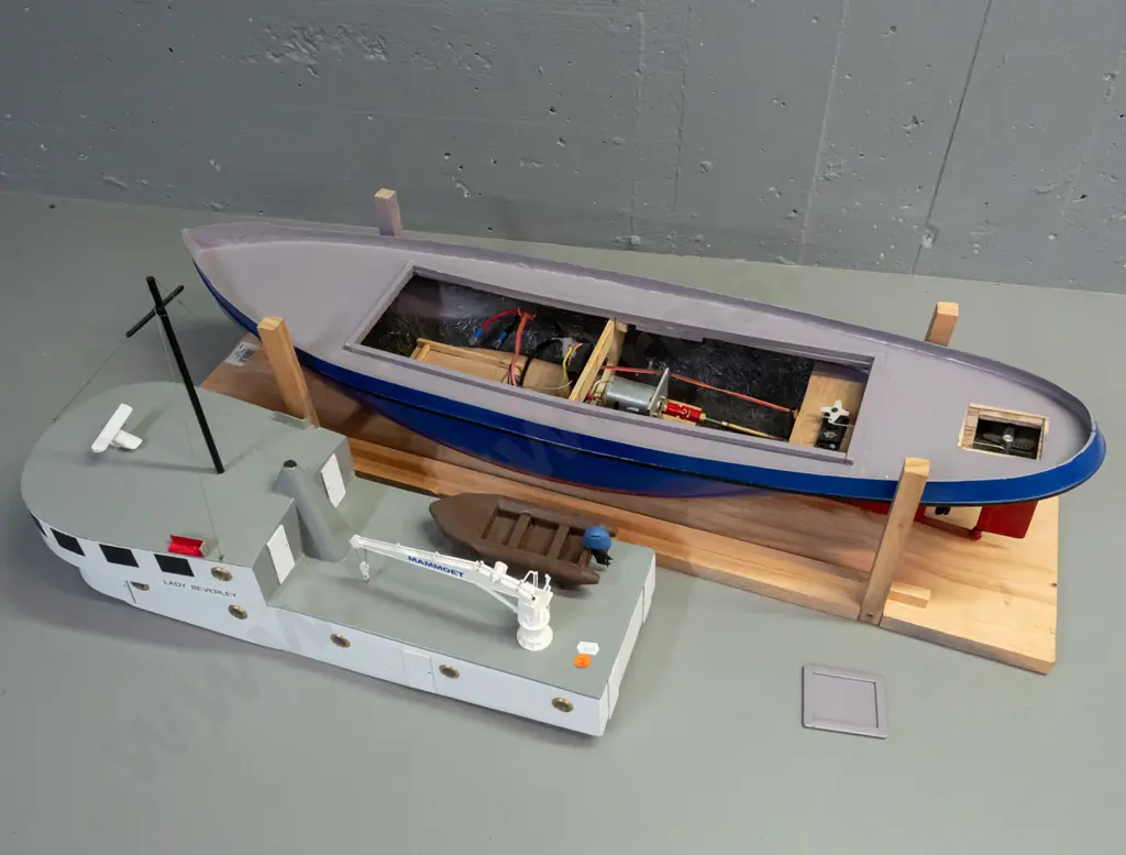 large motorised model boat - marked Lady Beverley, with crane arm and inflatable boat. Motor untested. Image 1++
