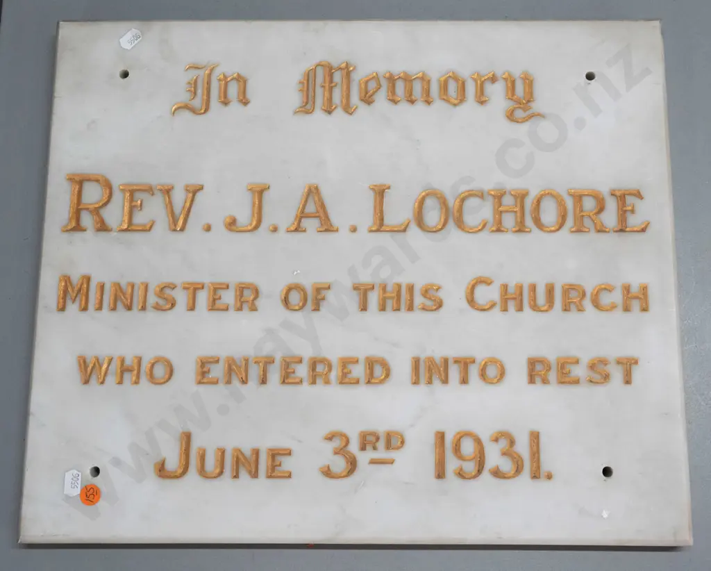 large marble memorial plaque with gilt lettering - in memory of Reverend JA Lochore, died 1931 (in Dunedin) Image 1++