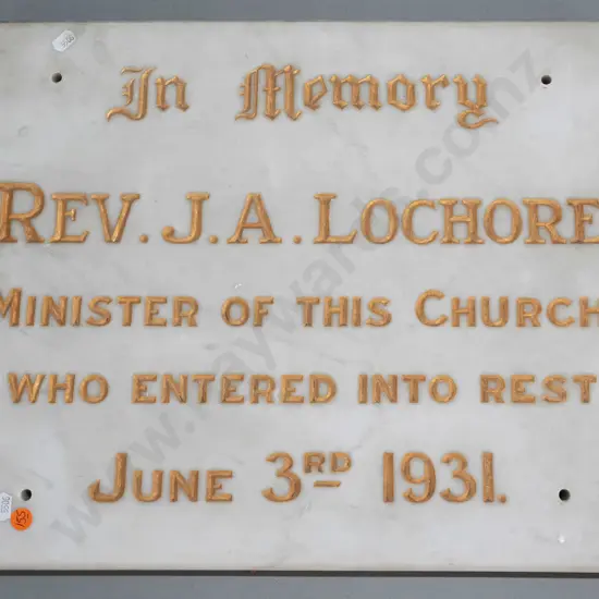 large marble memorial plaque with gilt lettering - in memory of Reverend JA Lochore, died 1931 (in Dunedin)