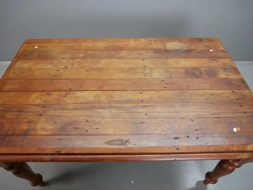 recycled rimu turned leg table with double edge tongue & groove top, stains & marks to oiled surface H-750 L-1380 W-860 Image 1++