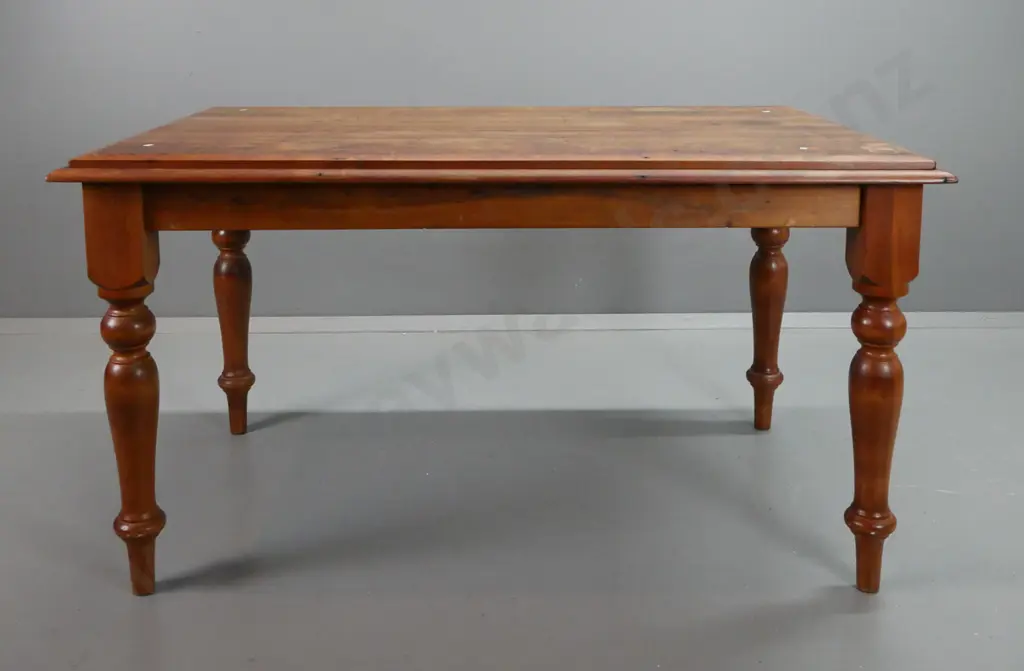 recycled rimu turned leg table with double edge tongue & groove top, stains & marks to oiled surface H-750 L-1380 W-860 Image 1++
