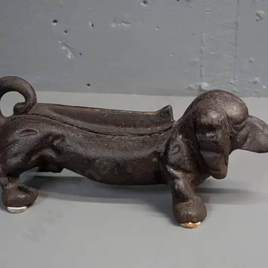 cast iron dachshund boot scraper - no maker's marks. Some wear to black finish H-120 L-320