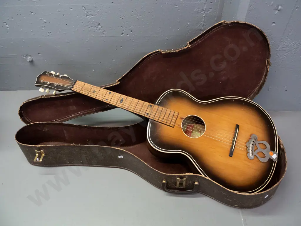 retro Bellini South African acoustic guitar in case - overall age wear, chips to finish, case is very worn. L-940 W-365 Image 1++