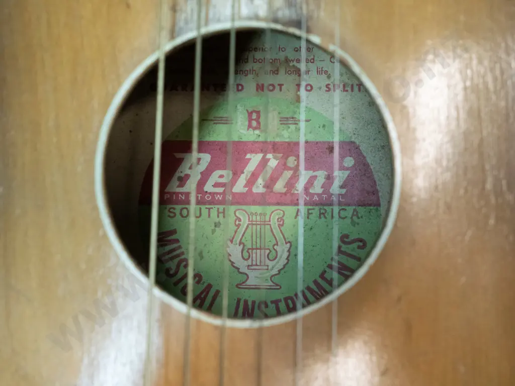 retro Bellini South African acoustic guitar in case - overall age wear, chips to finish, case is very worn. L-940 W-365 Image 1++