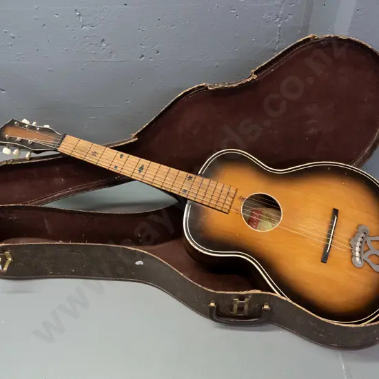 retro Bellini South African acoustic guitar in case - overall age wear, chips to finish, case is very worn. L-940 W-365