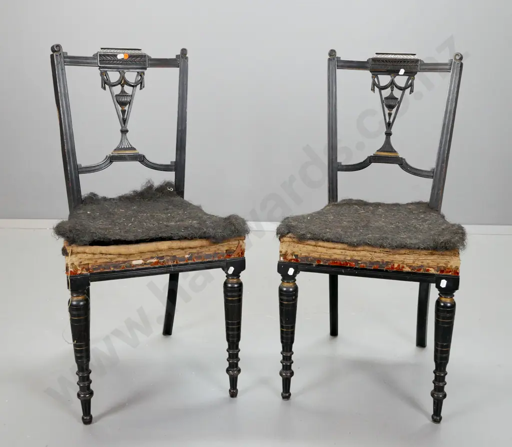 antique pair of Adams style side chairs with carved back splat, turned & fluted front legs, gilded and ebonised Image 1++