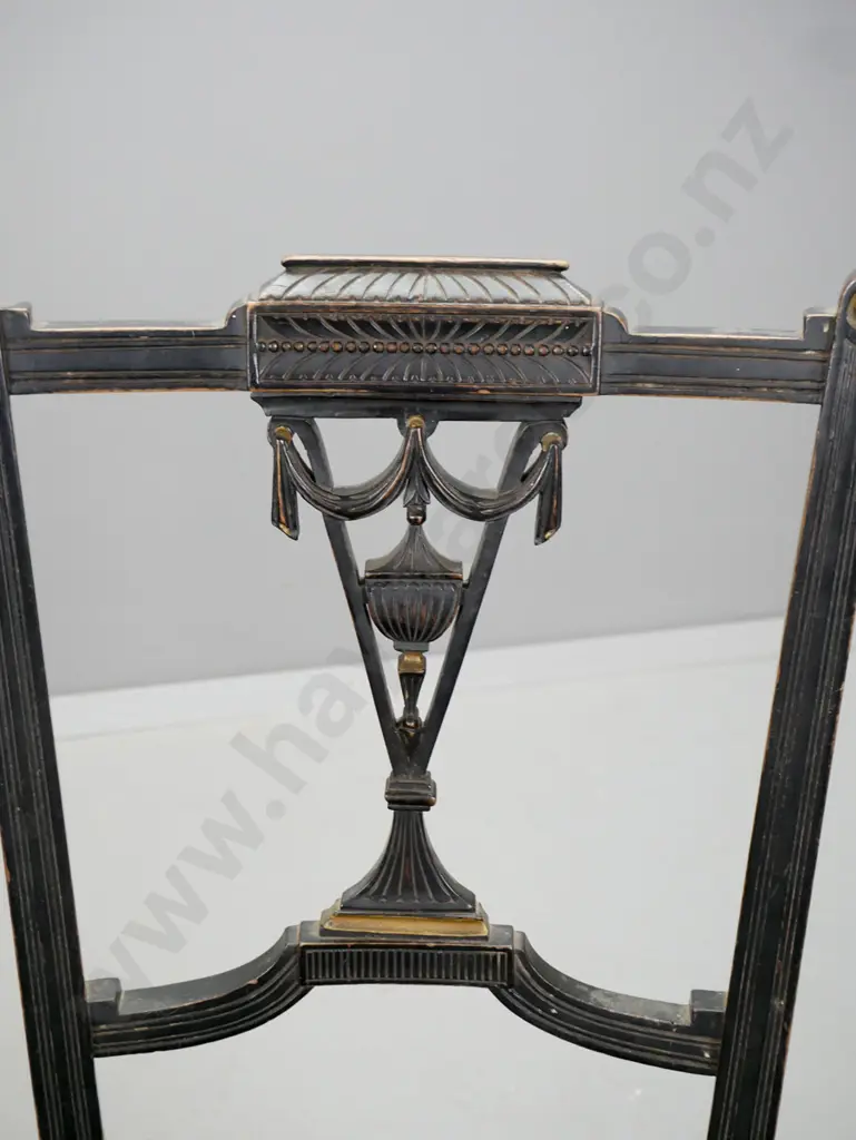 antique pair of Adams style side chairs with carved back splat, turned & fluted front legs, gilded and ebonised Image 1++