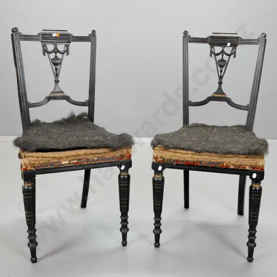 antique pair of Adams style side chairs with carved back splat, turned & fluted front legs, gilded and ebonised