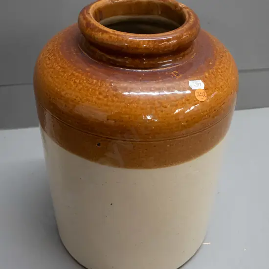 large stoneware crock, marked '10' on top, no maker's marks H-380 D-270