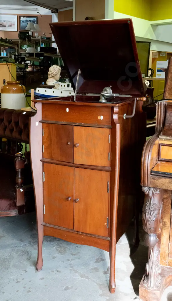 vintage wind-up gramophone in mahogany cabinet with 2 door record storage cupboard and 2 speaker cabinet doors, one w/ Image 1++