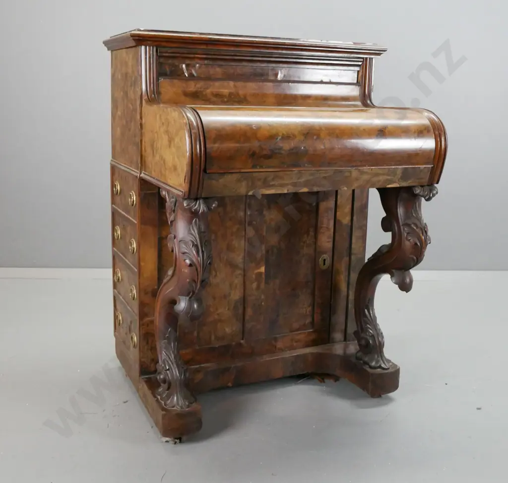 Victorian walnut piano-fronted Davenport with lift up top lid, fitted interior w/ ink bottle, slide out writing surface, Image 1++