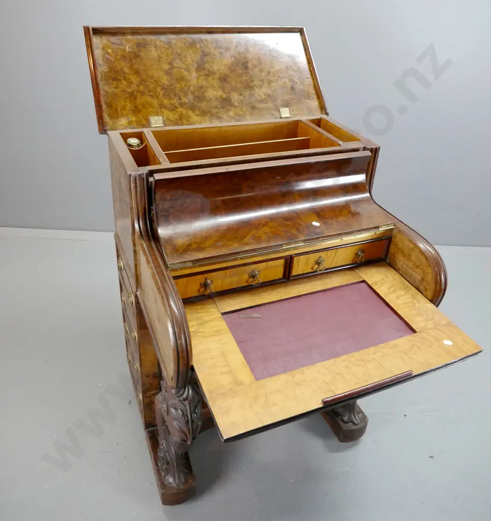 Victorian walnut piano-fronted Davenport with lift up top lid, fitted interior w/ ink bottle, slide out writing surface, Image 1++