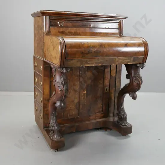 Victorian walnut piano-fronted Davenport with lift up top lid, fitted interior w/ ink bottle, slide out writing surface,