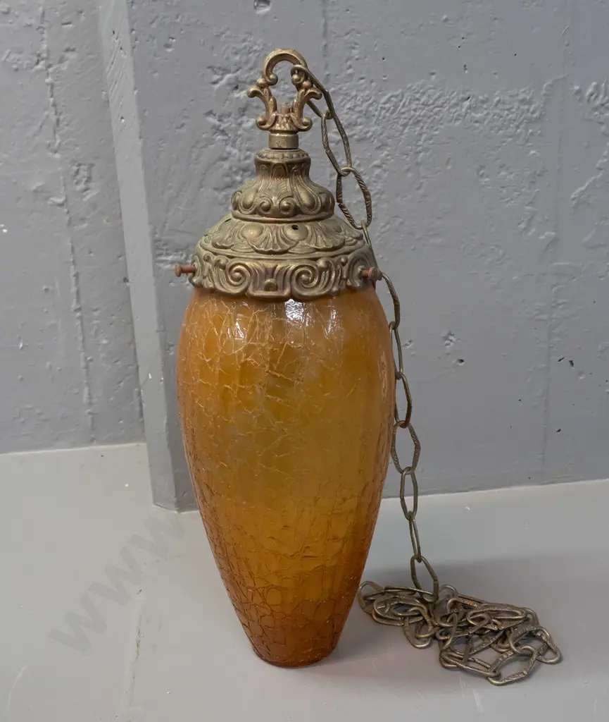 retro pendant light fitting with amber crackle-textured glass shade, cast metal fitting and chain H-400 Image 1++