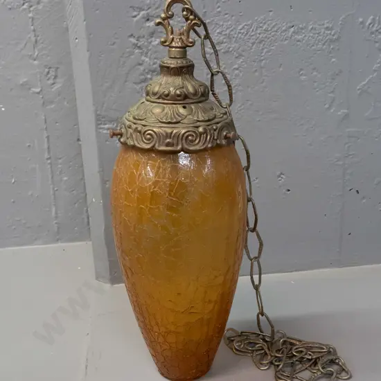 retro pendant light fitting with amber crackle-textured glass shade, cast metal fitting and chain H-400