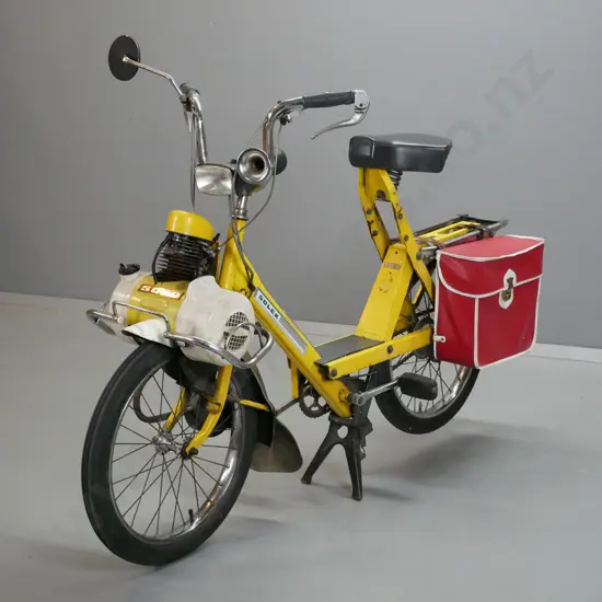 retro French 1970s Solex 5000 moped with front drive engine and single vinyl pannier - going.