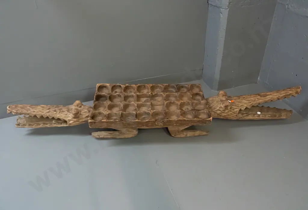 very large carved timber crocodile mancala game board from west Africa - some splitting to legs and one jaw L-1550 Image 1++