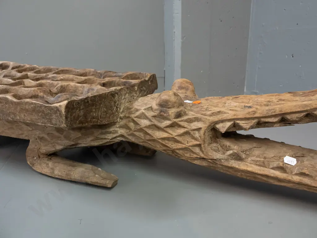 very large carved timber crocodile mancala game board from west Africa - some splitting to legs and one jaw L-1550 Image 1++