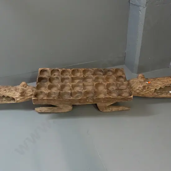 very large carved timber crocodile mancala game board from west Africa - some splitting to legs and one jaw L-1550