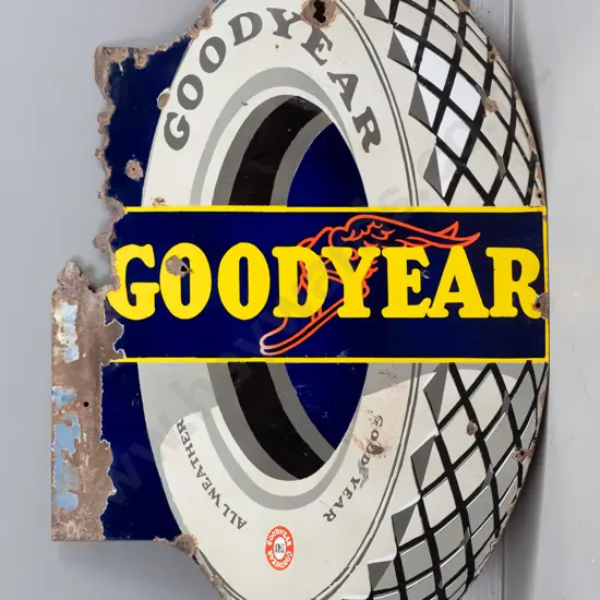 vintage tin & enamel double-sided Goodyear advertising sign H-860 W-610 (some corrosion)