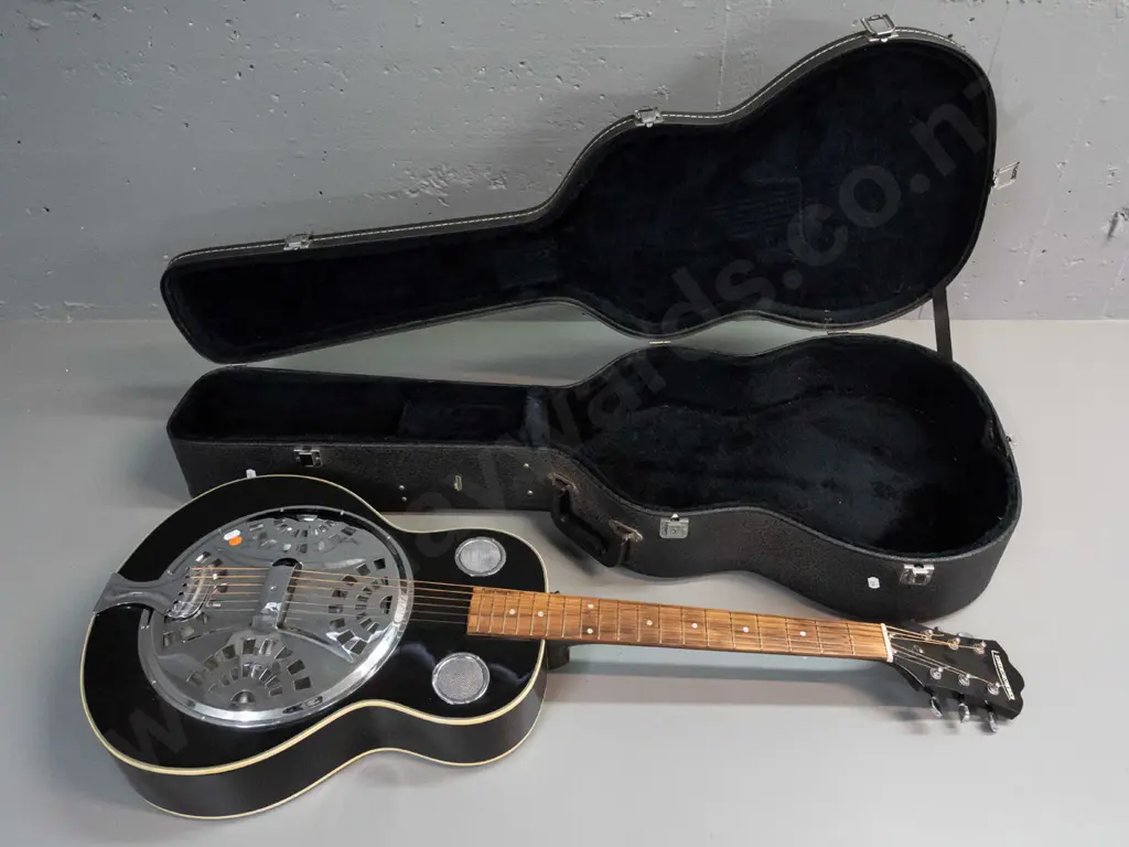 Mannix resonator acoustic guitar - black lacquer finish and chrome resonator, with fitted case. L-1010 W-375 Image 1++