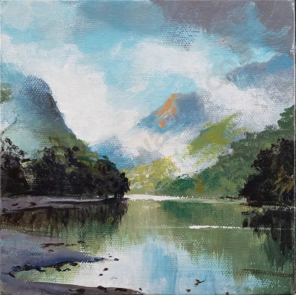 A Newland - small oil on boxed canvas - lake and mountain scene H-150 W-150 Image 1++
