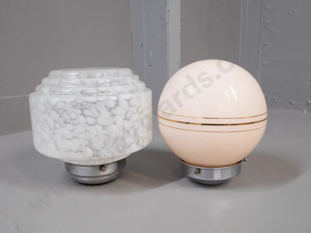 2 vintage deco glass ceiling light fittings with chrome journals - soft pink and gilt band globe and stippled white with Image 1++