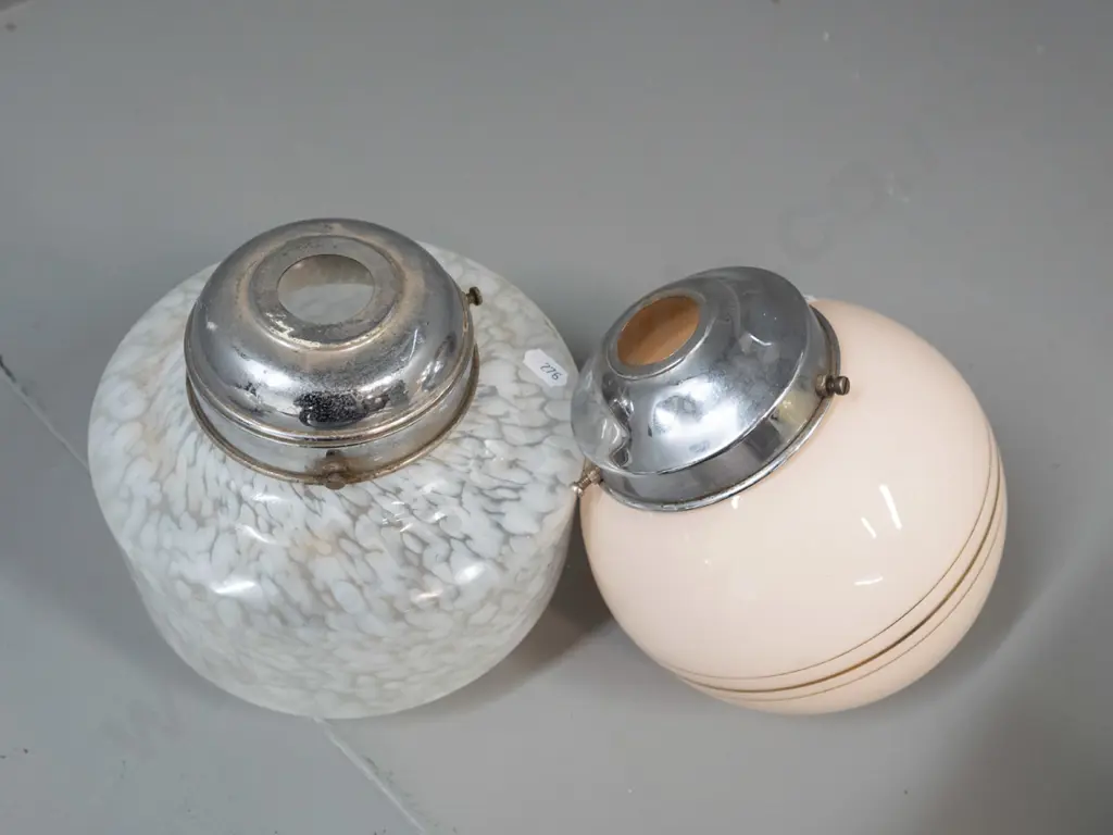 2 vintage deco glass ceiling light fittings with chrome journals - soft pink and gilt band globe and stippled white with Image 1++