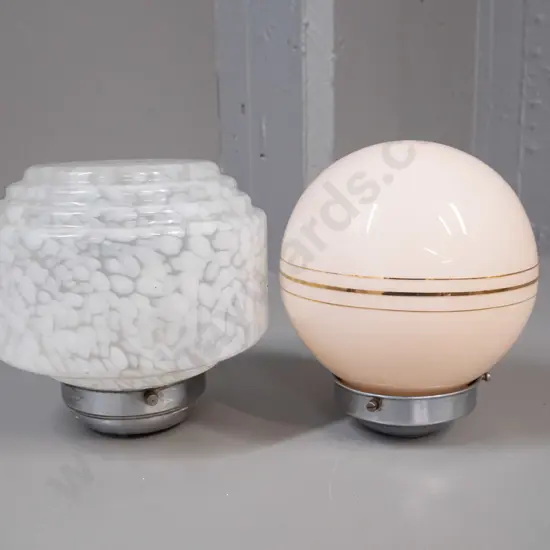 2 vintage deco glass ceiling light fittings with chrome journals - soft pink and gilt band globe and stippled white with